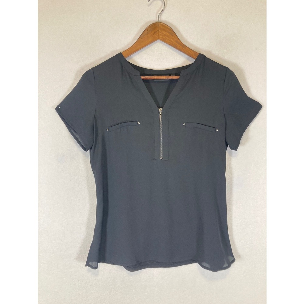 Professional Apt. 9 Womens Small Black Half Zip Short Sleeve Pleated Back Blouse